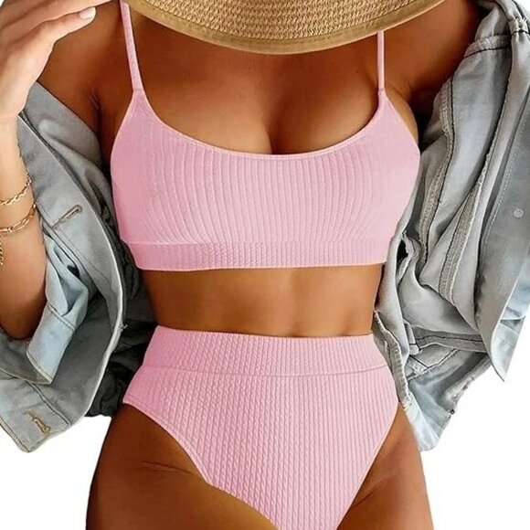 New High Waisted Tummy Control Bikini Ribbed Sporty Brazilian Swimsuit Set - Picture 1 of 8